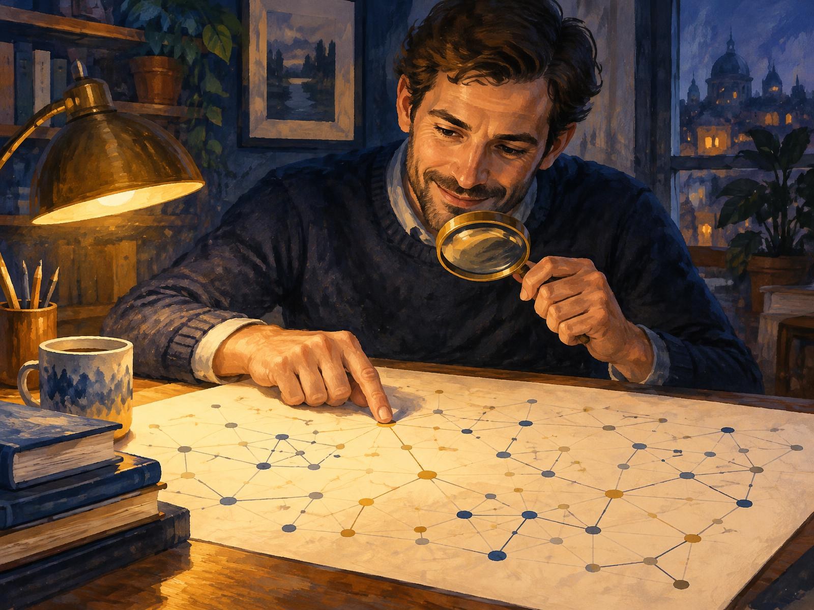 A thoughtful analyst tracing a transaction network on paper with a magnifying glass under an amber lamp