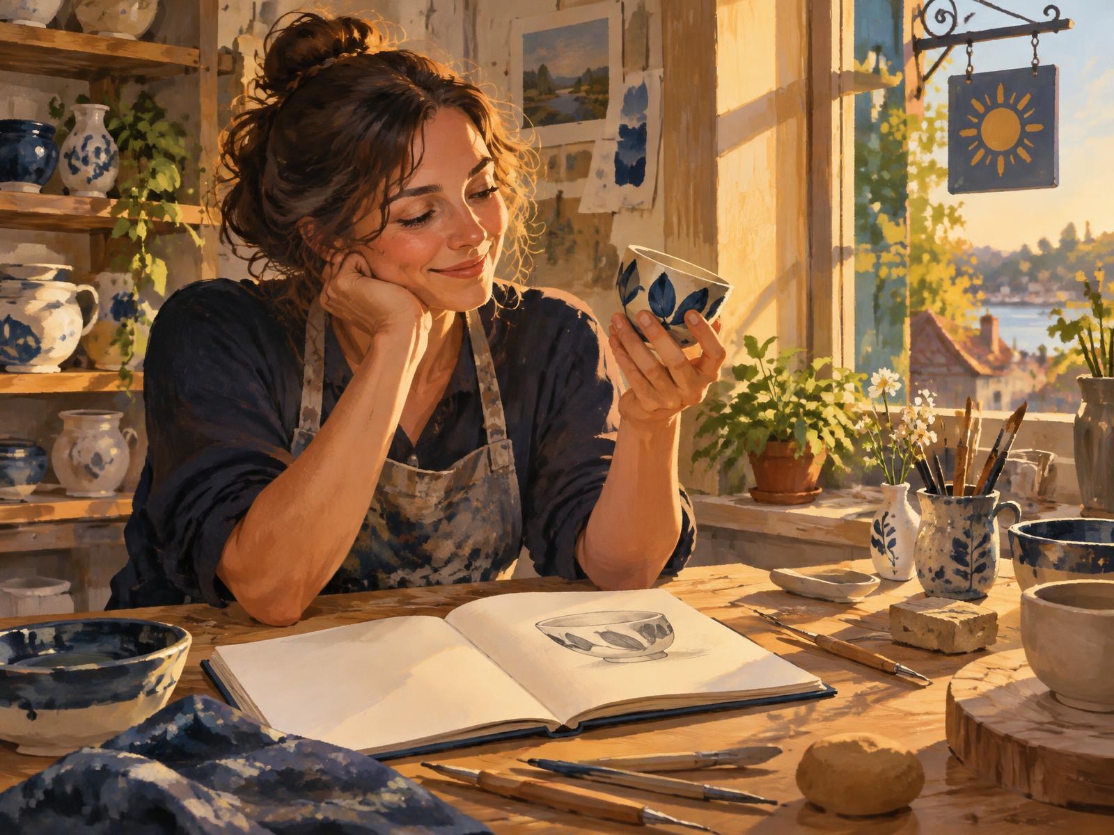 A maker discovering a new ceramic idea at a golden-hour workbench with a notebook and prototype