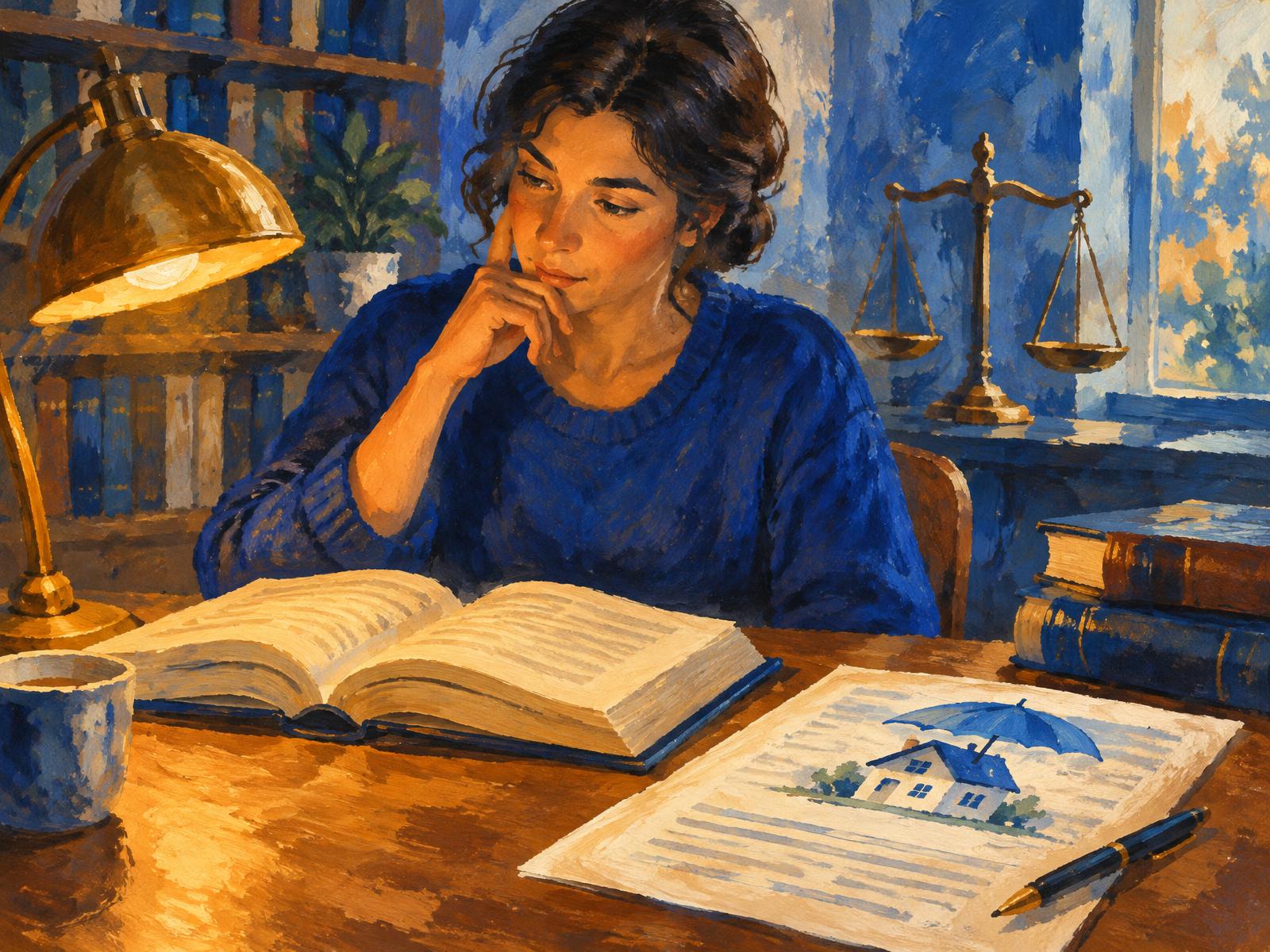 A learner studying an open law book and an insurance policy under an amber lamp, scales of justice by the window, painted in gouache