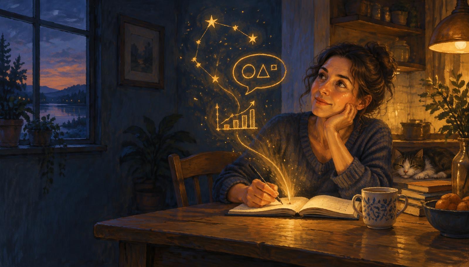 An adult learner at a kitchen table at dusk, with glowing star, speech and graph sketches rising from a notebook