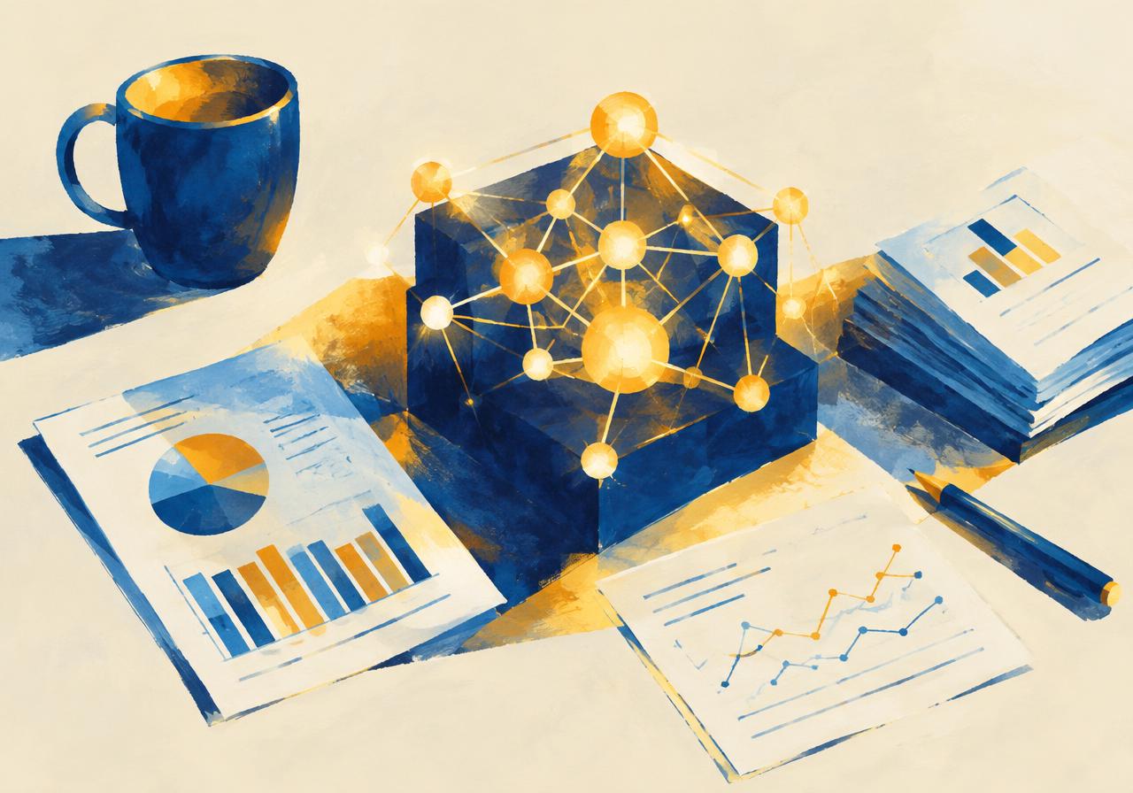 Painterly study scene with charts and a glowing network representing practical AI