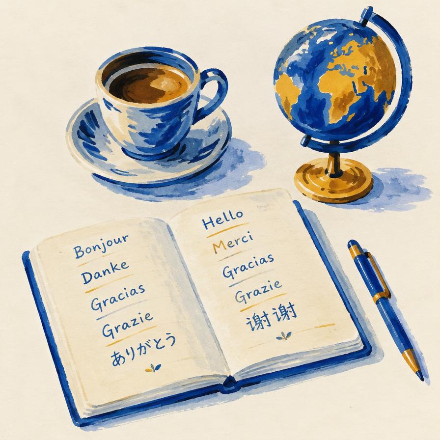Painterly language-learning scene with a notebook, coffee, globe and pen