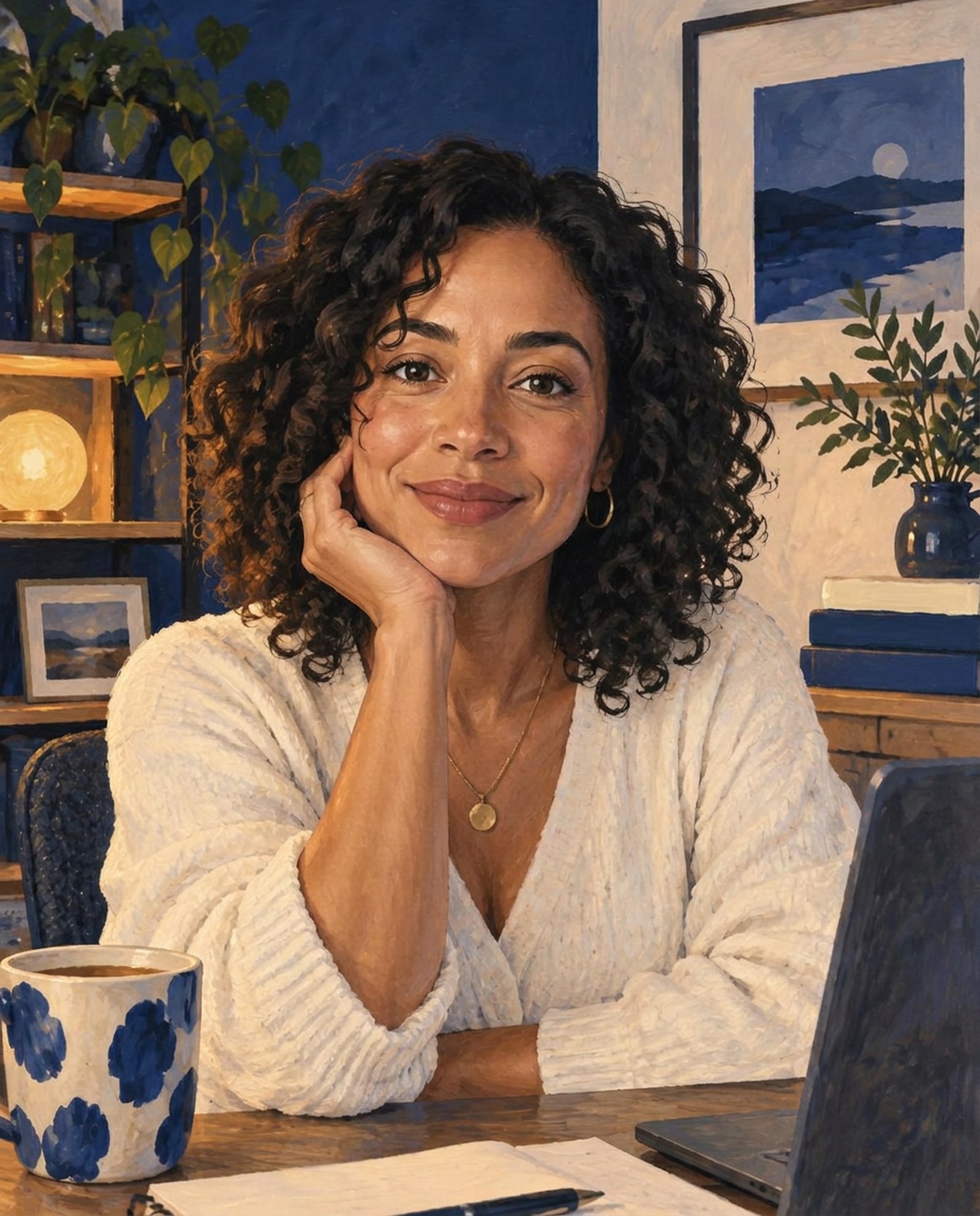 Painterly portrait of Ada, a warm tutor in a lamplit study with plain book spines